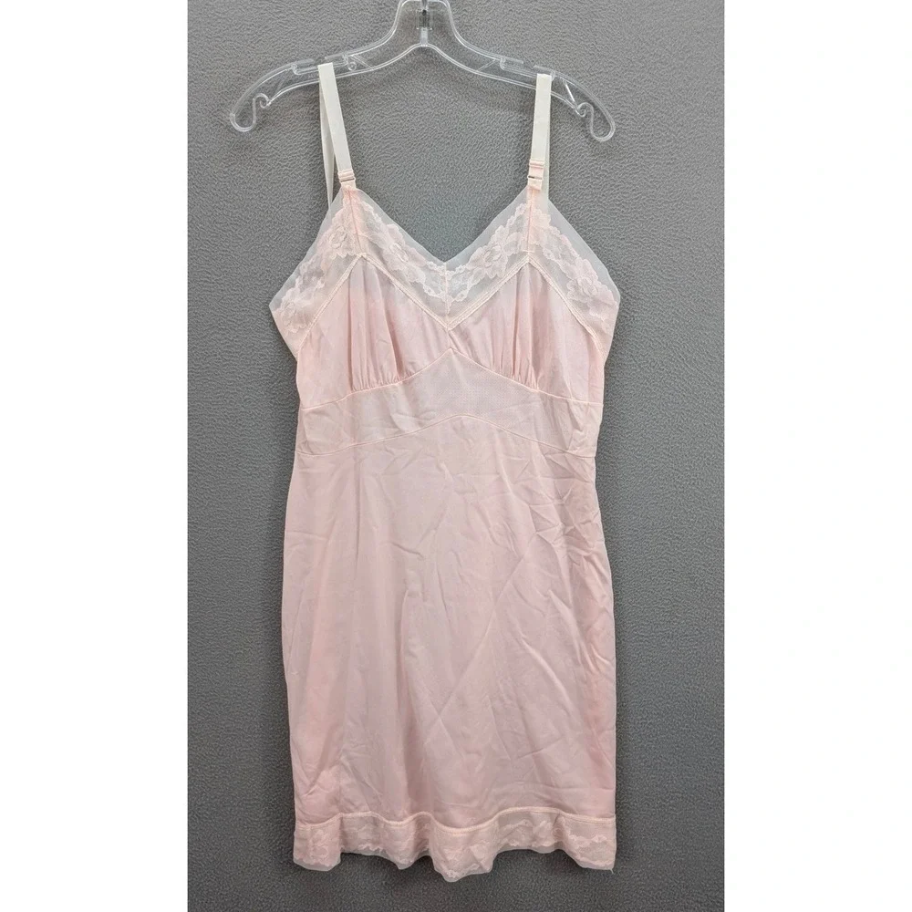 Vintage Lace Trim Full Slip Adjustable Strap Lingerie Slip Dress Pink‎ Size XS?